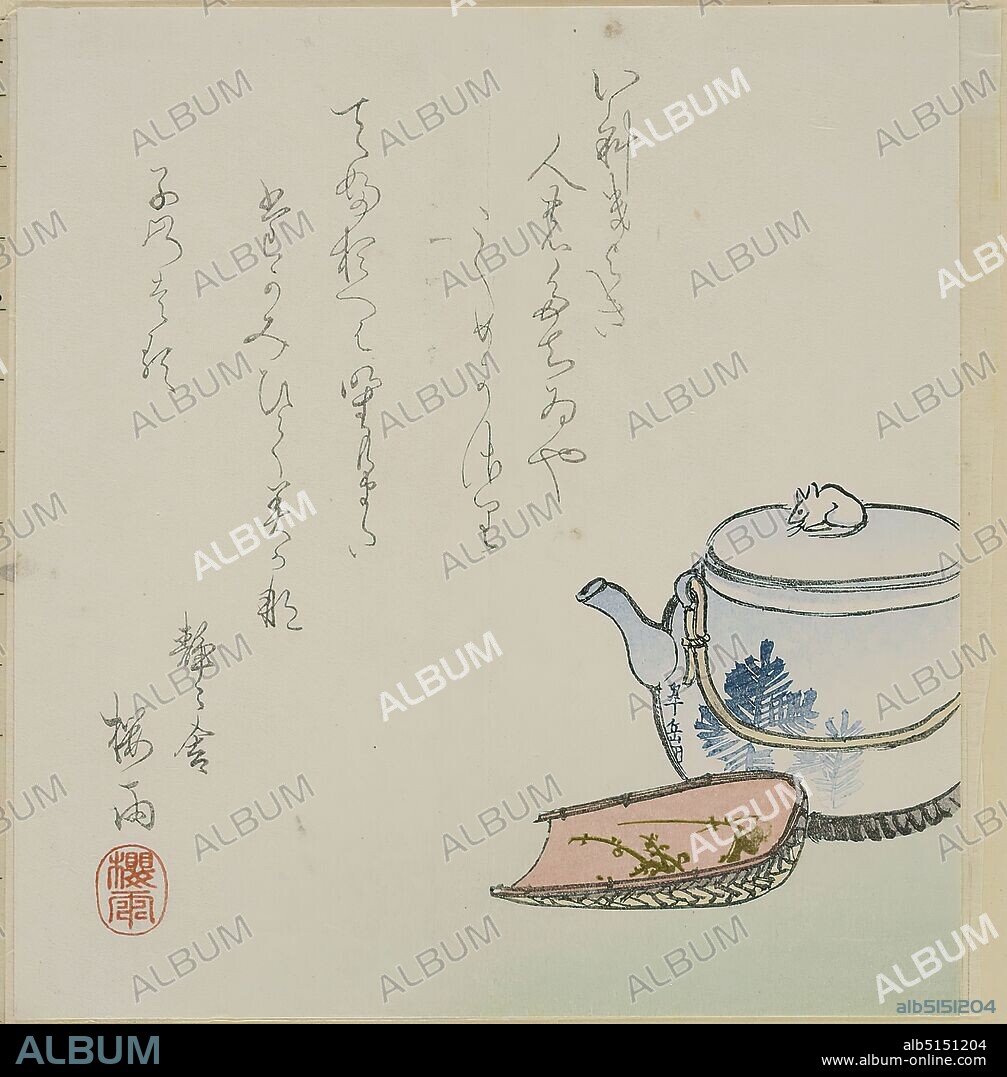 Suigaku Seki, u Seiseisha, First Haze of the New Year (poem sheet and cover), paper, color woodcut, Total: Height: 18,1 cm; Width: 16,9 cm, Signature: Suigaku , Signature and relief seal: u, titled: on the cover, greeting cards (yearly), teapot; samovar, rat, animals as ornament, Edo period, The sheet shows a teapot decorated with pine trees. Its pommel forms a rat, which indicates the year. Next to it a grain wing with plum branches.