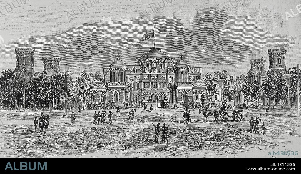 Rusia. Moscú. Palacio Imperial de Peroffky o Palacio de Viaje, construido durante el reinado de Catalina II de Rusia en estilo neoclásico por el arquitecto Matvéi Kazakov (1738-1812). Grabado. La Ilustración Española y Americana, 15 de junio de 1883.