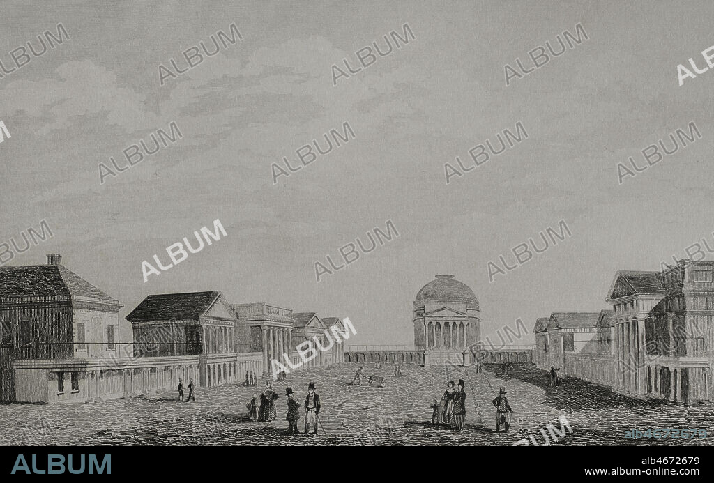 Estados Unidos. Universidad de Virginia, en Charlottesville, Virginia. Fué fundada por Thomas Jefferson en 1819. Aspecto que ofrecía la ciudad universitaria a medidados de la década de 1820. Grabado por Arnout y Traversier. Panorama Universal. Historia de los Estados Unidos de América, por Roux de Rochelle. Edición española, impresa en Barcelona,1850.