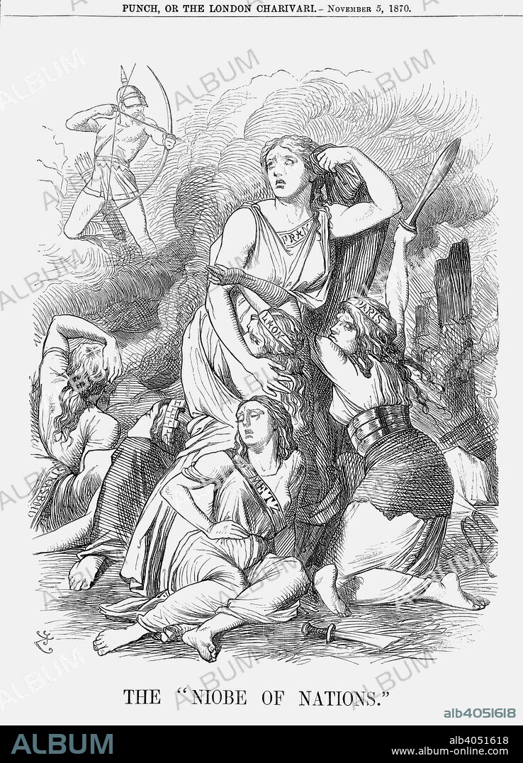 'The Niobe of Nations', 1870. A weeping Frances gathers her sisters, Paris, Metz and Lyons around her, Paris defiant to the last. Niobe, in Greek mythology, died of grief when her 12 children were killed. She was turned to stone by Zeus. This relates to the one of the final acts of France's war against Prussia. Metz had been surrendered to the Prussians. The drunken and cowardly behaviour of the French troops led to their general being charged with betrayal of his country. From Punch, or the London Charivari, November 5, 1870.