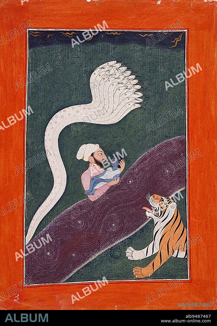 Vasudeva carries the Infant Krishna across the Yamuna River, c. 1720, 11 1/4 x 8 1/16 in. (28.5 x 20.5 cm), Opaque watercolor on paper, India, 18th century, This charmingly naive picture illustrates the scene from the Bhagavata Purana that occurs immediately after Krishna's birth. Because Kamsa, the wicked king of Mathura, threatened Krishna's life, the baby's father, Vasudeva, secretly took him to the countryside as soon as he was born. Here, rain falls from a dark night like strings of pearls. The swollen Jumna river threatens, but the multiheaded serpent Vasuki rises up to shield Vasudeva and his infant son from the downpour. The father struggles to cross the swirling torrent, shown here running diagonally to the left, while a roaring tiger offers protection on the opposite bank. After his foster parents, Yasoda and Nanda, raise Krishna, he returns to Mathura and slays King Kamsa.
