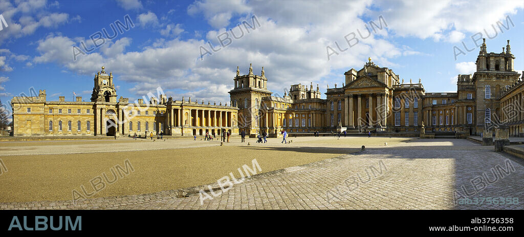 Panoramic of the Great Court of Blenheim Palace, UNESCO World Heritage Site, Woodstock, Oxfordshire, England, United Kingdom, Europe.