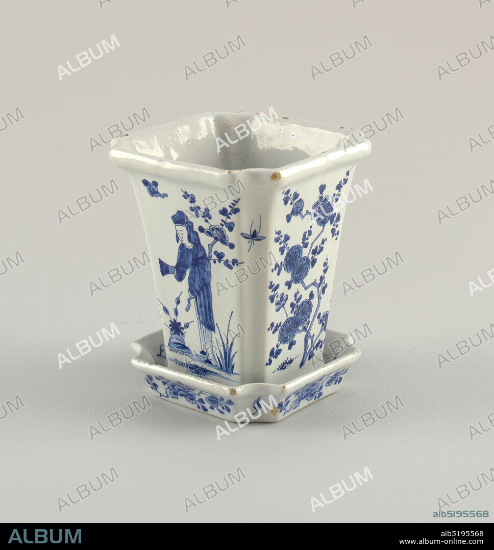 Flower pot and stand, De Drie Posteleyne Astonne (The Three Porcelain Ash-Barrels), Tin-glazed earthenware, Four-sided pot with champfered corners, slightly flaring sides, everted rim, molded base, bottom pierced with 5 holes; saucer of conforming shape with short raised everted rim; painted underglaze blue on white on sides of pot with Chinese figures and prunus blossoms, on saucer with floral sprays., Delft, Netherlands, 17591804, ceramics, Decorative Arts, Flower pot and stand.