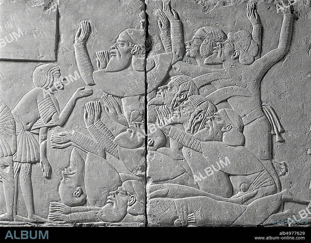 Horemheb, interpreter, envoys, horse, block with foreigners and horses, right a column hieroglyphics, relief, limestone, 50,5 × 81 × 17 cm, New Kingdom, 18th Dynasty, Tutankhamen, Egypt.