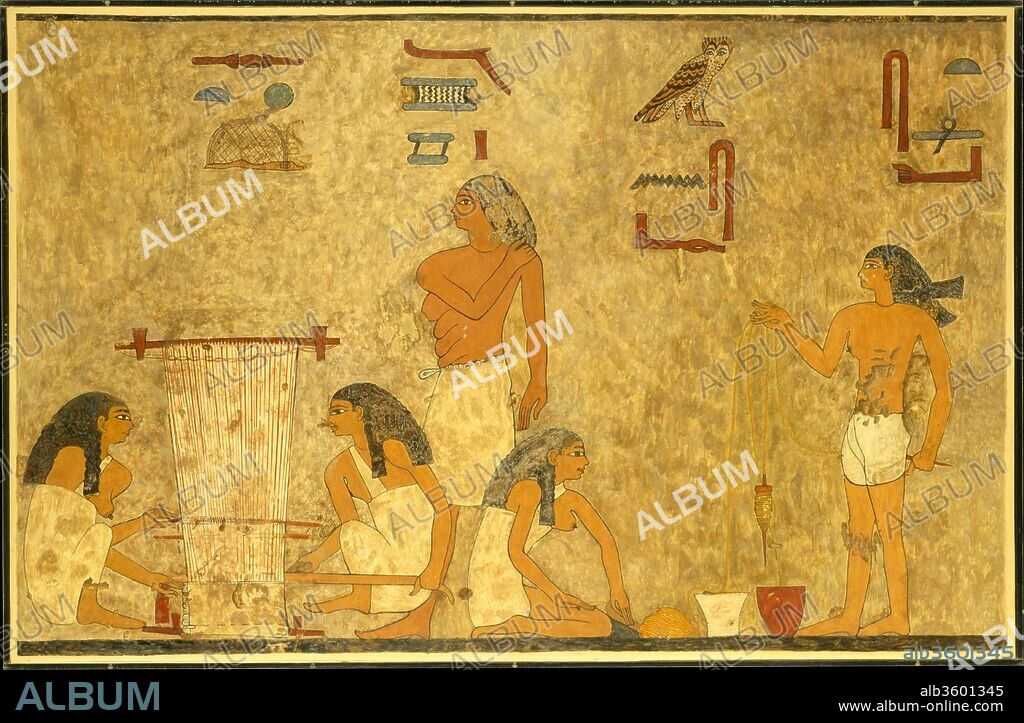Weavers, Tomb of Khnumhotep. Artist: Norman de Garis Davies (1865-1941). Dimensions: facsimile: h. 66.5 cm (26 3/16 in); w. 103.5 cm (40 3/4 in)
Scale 1:1
framed: h. 69.9 cm (27 1/2 in); w. 106.2 cm (41 13/16 in). Dynasty: Dynasty 12. Reign: reign of Senwosret II. Date: ca. 1897-1878 B.C..
This facsimile painting copies part of a scene in the tomb of Khnumhotep (tomb 3) at Beni Hasan. The scene depicts a group of weavers. The women at the right are plying linen thread and the two at the left are weaving cloth on a ground loom. The facsimile was painted at the tomb in 1931 by Norman de Garis Davies who was director of the Graphic Expedition of the Museum's Egyptian Expedition.