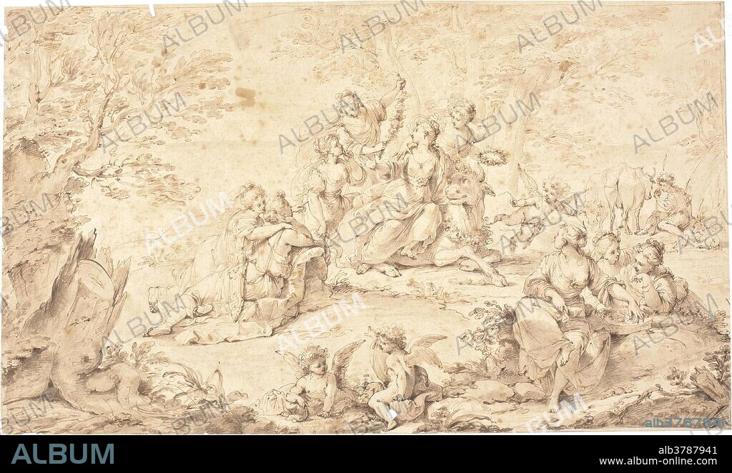 ANONYME. Anonymous / 'The Rape of Europa'. Second half of the XVIII century. Grey-brown wash, Pencil on dark yellow paper.