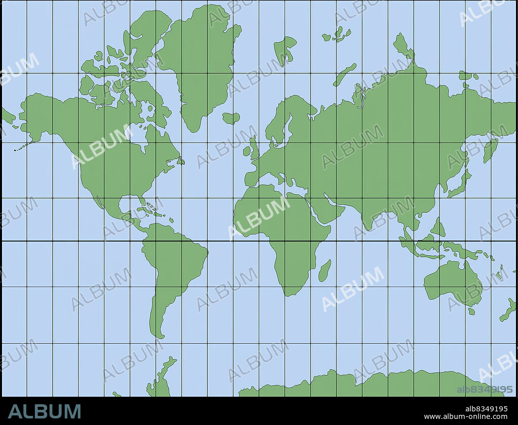 Invented in 1569 by the Dutch geographer Gerard Mercator, the Mercator projection compensates for the eastwest distortion with an equivalent southnorth distortion of the polar regions. Because of this, the Mercator projection preserves the right angles between the parallels and meridians, and is therefore still one of the most frequently used systems for navigation. However, the correction causes some areas, especially those close to the poles, to appear larger.