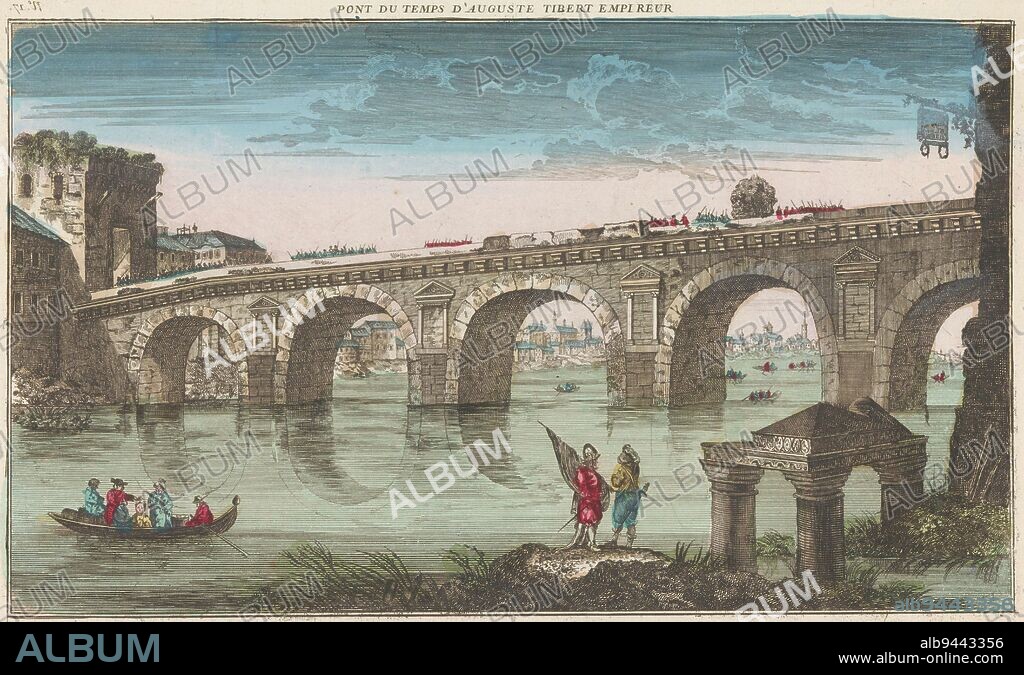 View of the Bridge of Tiberius over the Marecchia River at Rimini, Maillet, before 1744 - after 1760, On the bridge troops of Roman soldiers are walking. In the foreground, two figures stand at the water's edge and a rowing boat sails. Numbered: 17., publisher: Maillet, (mentioned on object), print maker: anonymous, publisher: Paris, print maker: France, before 1744 - after 1760, paper, etching, brush, h 275 mm × w 438 mm.