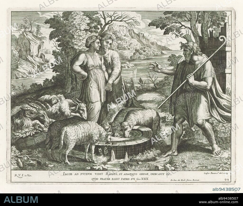 Jacob meets Rachel at the well, Raphael Bible (series title), Paintings in Raphael's Loggia (series title), Imagines Veteris ac Novi Testamenti (series title), Rachel lets her father's flock of sheep and goats drink at a well. At the well, Rachel and Jacob meet. Bible verse below the image. Print is part of an album., print maker: Cesare Fantetti, (mentioned on object), after drawing by: Cesare Fantetti, (mentioned on object), after painting by: Rafaël, (mentioned on object), print maker: Italy, after drawing by: Italy, after painting by: Vaticaanstad, publisher: Rome, Vaticaanstad, 1675, paper, etching, height 236 mm × width 307 mm.