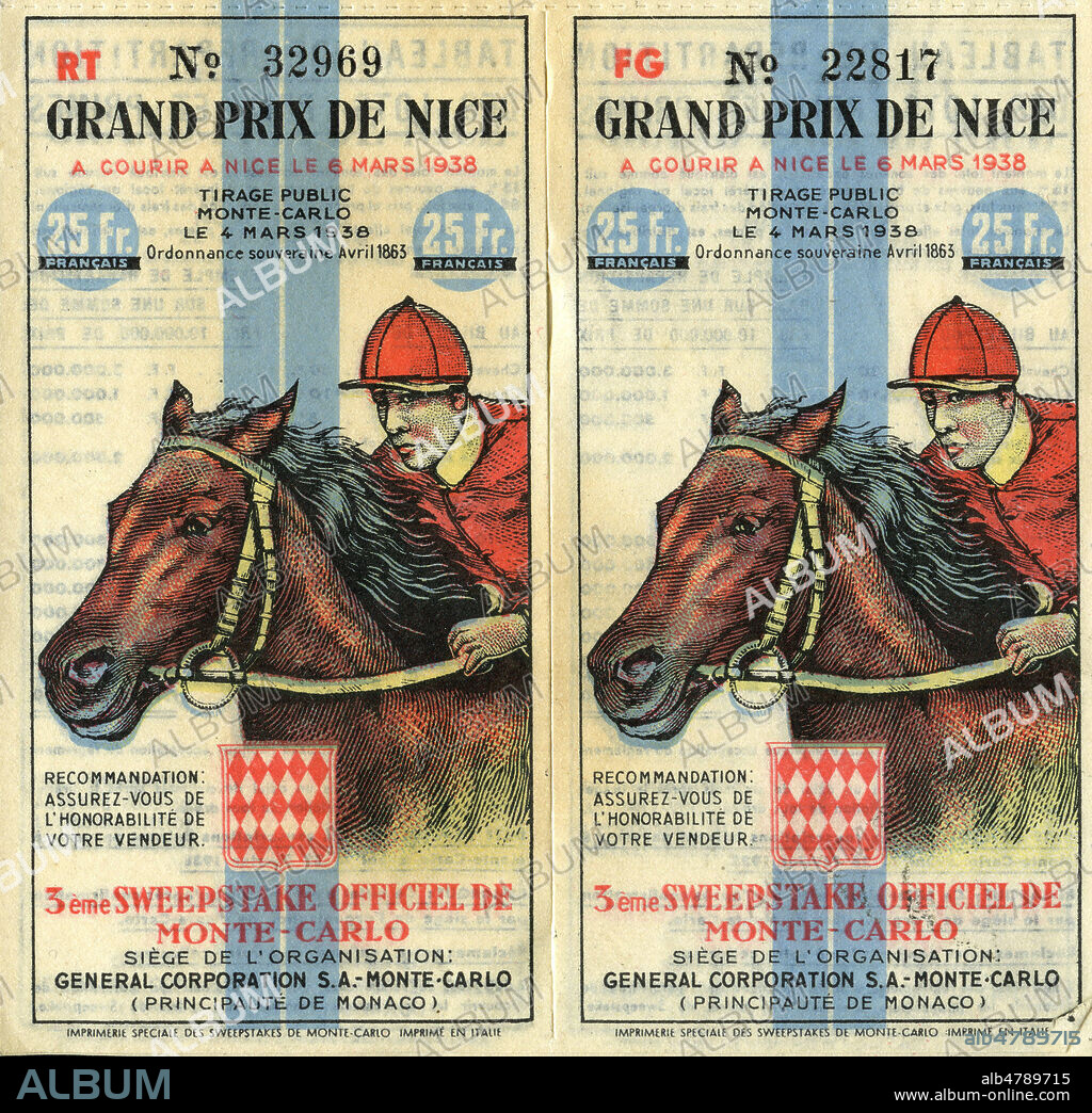 'Grand prix de Nice'. Ticket de paris sur une course hippique datant de 1938. Illustration anonyme. Credit : Collection IM/KHARBINE-TAPABOR.