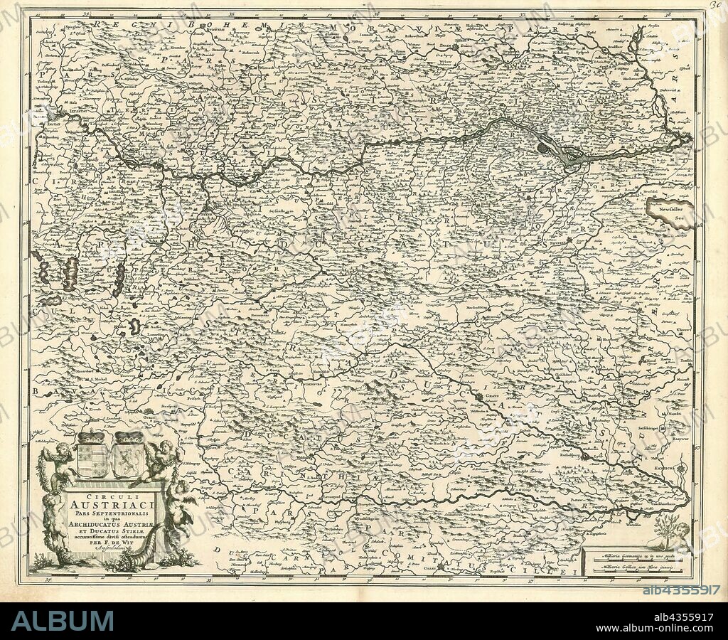 Map, Circuli Austriaci pars septentrionalis in qua archiducatus Austriae et ducatus Stiriae accuratissime divisi ostenduntur, Frederick de Wit (1610-1698), Copperplate print.