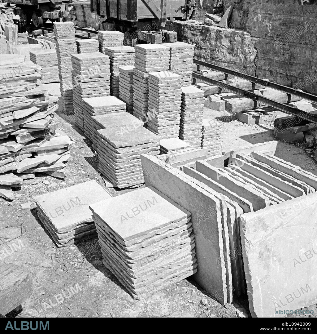 Schist plates at the lithographic limestone stone pit at Solnhofen, Germany 1930s.