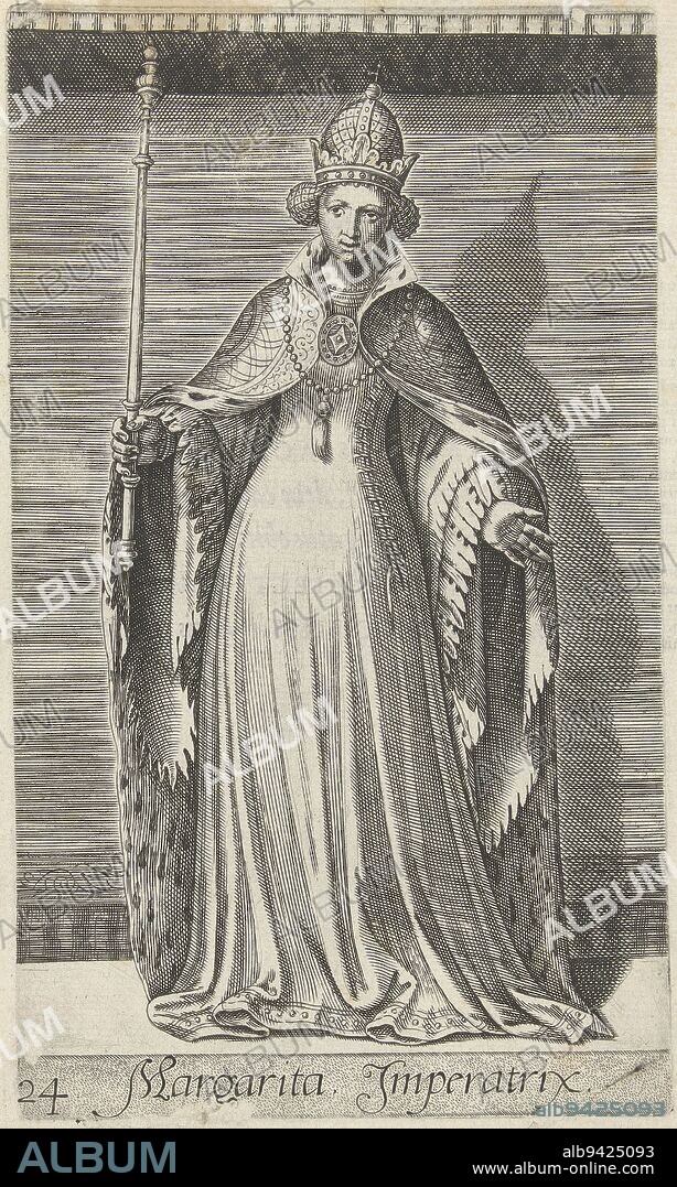 Margaret of Bavaria, Countess of Hainaut, Holland and Zeeland, Empress of the Holy Roman Empire Standing, full-length She wears the emperor's cloak and a scepter The print serves as an illustration for a book on the history of the Counts of Holland, Portrait of Margaret of Bavaria Margarita Imperatix Counts and Countesses of Holland and Zeeland Principes Hollandiae et Zelandiae , print maker: Philips Galle, (attributed to workshop of), Willem Thibaut, printer: Christoffel Plantijn, print maker: Antwerp, Haarlem, printer: Antwerp, publisher: Antwerp, 1578, paper, engraving, h 206 mm × w 122 mm.