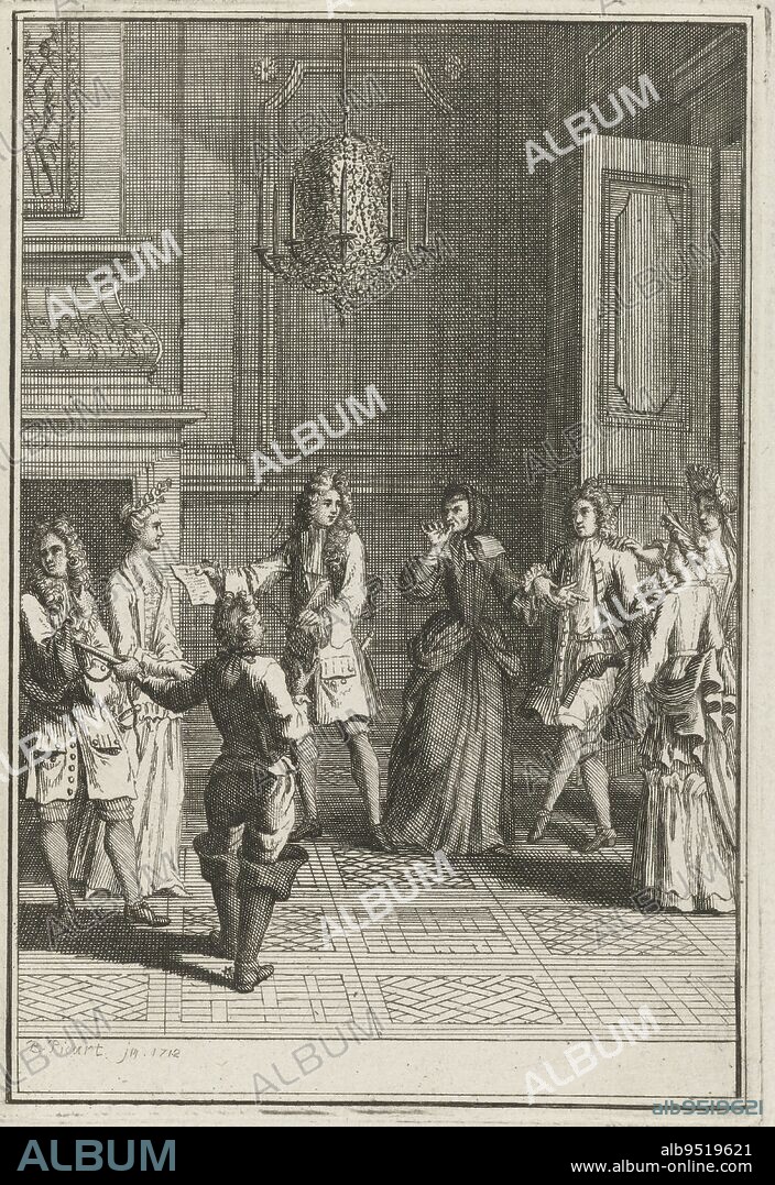 Elegant company in a room, Bernard Picart (workshop of), after Bernard Picart, 1712, A group of men and women are dancing in a room. An elderly lady looks with a stern gaze at a gentleman handing a letter to a lady., print maker: Bernard Picart, (workshop of), Bernard Picart, (mentioned on object), Amsterdam, 1712, paper, etching, engraving, h 138 mm × w 88 mm.