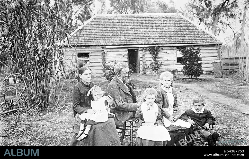 Negative - Amery Family, 'Homewood' Farm, Boweya, Victoria, circa 1890, Photograph of the Amery family in front of the homestead of Homewood Farm, Boweya, near Wangaratta, northern Victoria, around 1890. Homewood Farm was the home of the Amery family. The home was later the site of tragedy: Eliza and Joseph Amery lost a son in World War I, Alexander Stevensen Amery; Joseph died around the same time; and Eliza was admitted to a psychiatric facility, Royal Park.