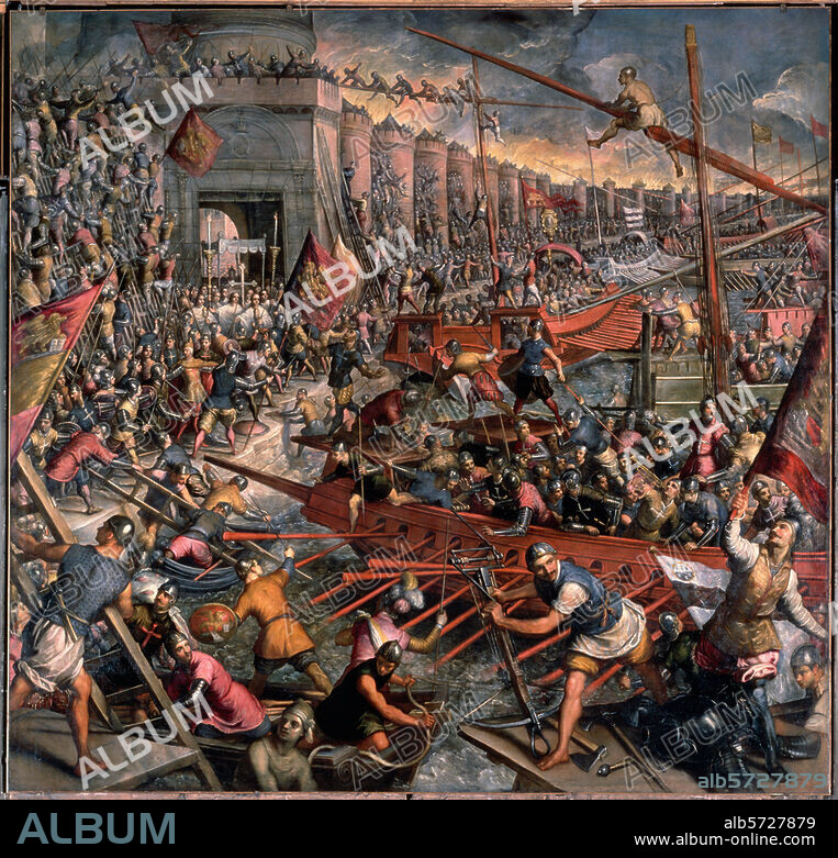 Conquest of Constantinople by the crusaders of the 4th Crusade on 13 April 1204. "The Conquest of Constantinople". Painting by Domenico Tintoretto (1560-1635). Venice, Palace of the Doge.
