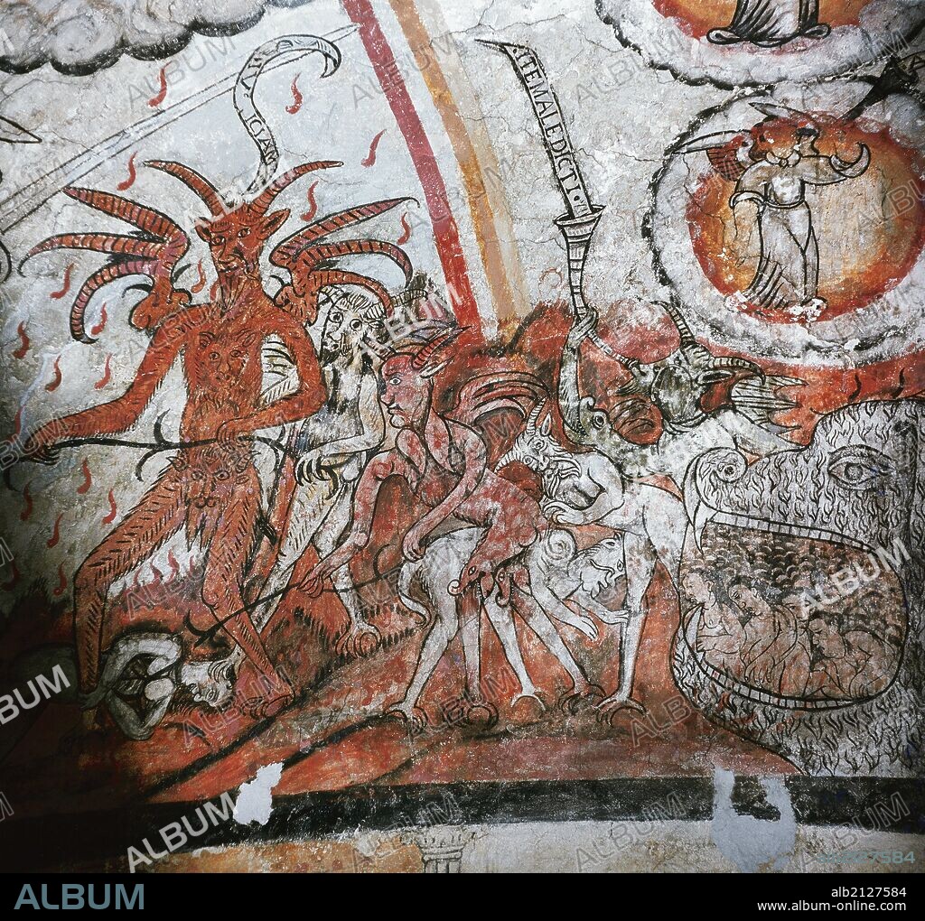 ARTE SIGLO XVI. ESPAÑA. PINTURAS MURALES REALIZADAS EN EL AÑO 1599. Autor anónimo o algún monje del Monasterio de San Victoriano. "JUICIO FINAL. LOS CONDENADOS CON LUCIFER Y UNA JAURIA DE FURIAS INFERNALES". IGLESIA DE SAN JUAN BAUTISTA. TOLEDO DE LA NATA. Provincia de Huesca. Aragón.