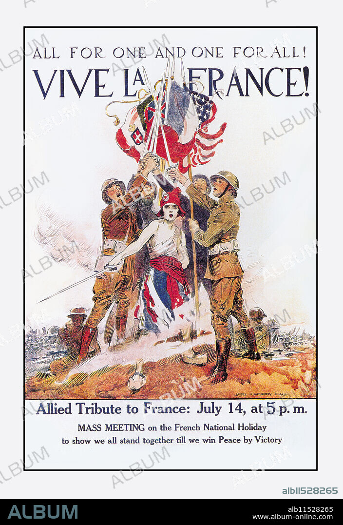 JAMES M. FLAGG. James Montgomery Flagg (1877 – 1960) was an American artist and illustrator.  He is most famous for his war effort posters but he also work for magazines, did cartoons, and even paintings.  Scarce Flagg poster promoting an "Allied Tribute to France: July 14, at 8 p.m. MASS MEETING on the French National Holiday to show we all stand together till we win Peace by Victory". The artwork features representatives of the major Allied forces bearing their respective flags as troops with fixed bayonets wait in the trenches behind them.