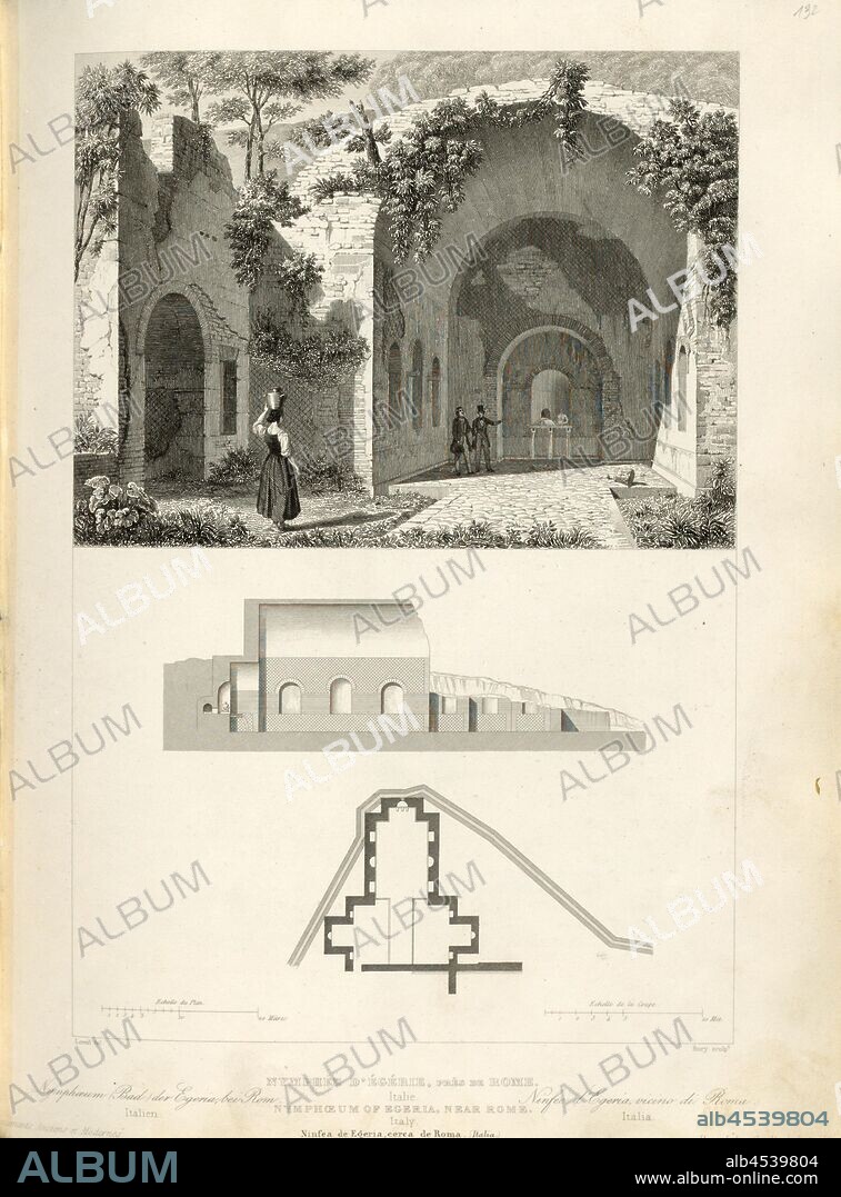 Nymphea of Egerie, near Rome, Nymphaeum of Egeria near Rome, signed: Leveil (del.); Bury (sculp.), Fig. 79, p. 335, Leveil (del.); Bury (sculp.), 1853, Jules Gailhabaud: Monuments anciens et modernes. Bd. 1. Paris: Librairie de Firmin Didot frères, 1853.