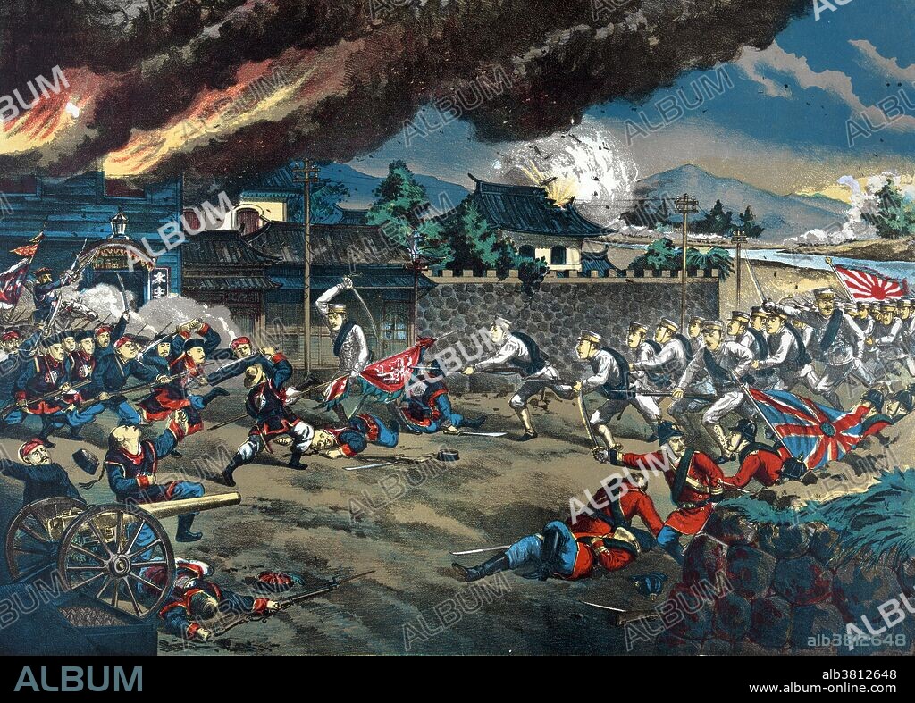 Entitled: "Battle at the machine works, Tien-chin, China." Shows British and Japanese troops engaging Boxer forces at Tianjin, China. The Battle of Tientsin occurred on July 13-14, 1900 during the Boxer Rebellion in Northern China. A multinational military force, representing the Eight-Nation Alliance, rescued a besieged population of foreign nationals in the city of Tientsin (Tianjin) by defeating the Chinese Imperial army and Boxers. The capture of Tientsin gave the Eight-Nation Alliance a base to launch a rescue mission for the foreign nationals besieged in the Legation Quarter of Peking. The Boxer Rebellion was lead by a Chinese secret organization called the Society of the Righteous and Harmonious Fists against the spread of Western and Japanese influence there. After several months of growing violence against the foreign and Christian presence in Shandong and the North China plain, in June 1900 Boxer fighters, convinced they were invulnerable to foreign weapons, converged on Peking (Beijing), China's capital, until an international force that included American troops subdued the uprising. Chromolithgraph, artist Torajiro Kasai, July 1900.