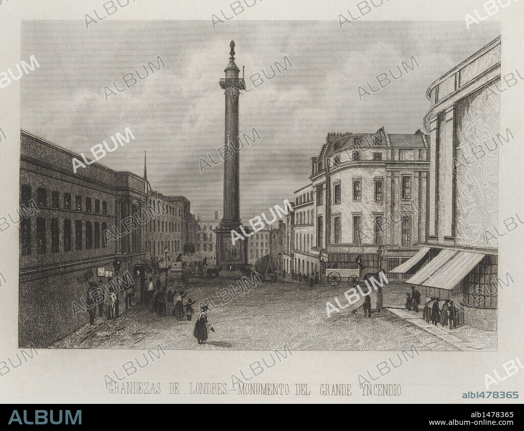 Escena callejera en una plaza Londres con el monumento al Gran Incendio de 1666 (Inglaterra). Ciudad en la que vivió y murió el compositor clásico Georg Friedrich Haendel. Grabado de la primera mitad del siglo XIX.