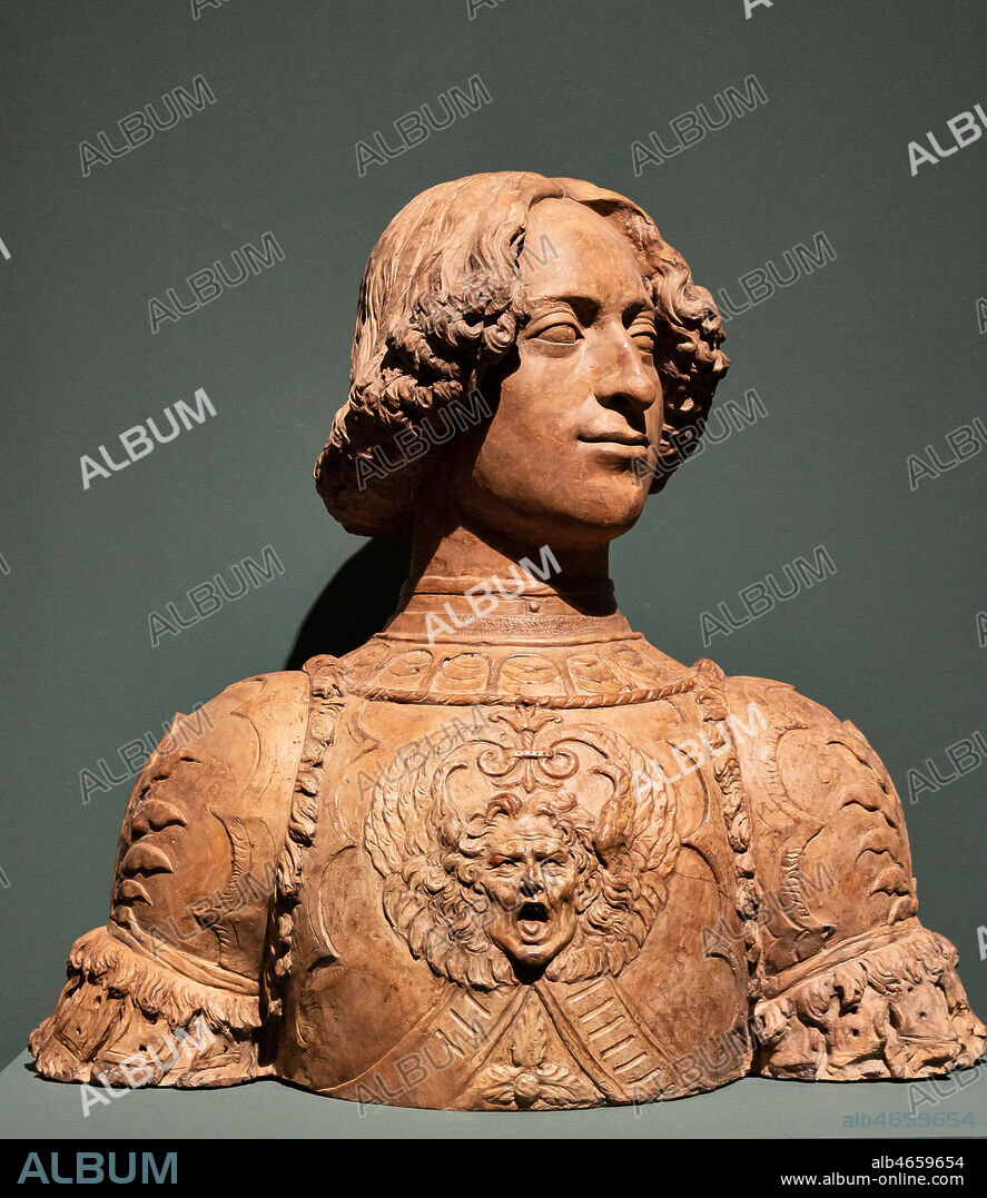 "Portrait of Giuliano di Piero de Medici", about 1475, by Andrea Del Verrocchio (1435-1488), terracotta bust which had been painted, with palm leaves and Gorgon head decorations.