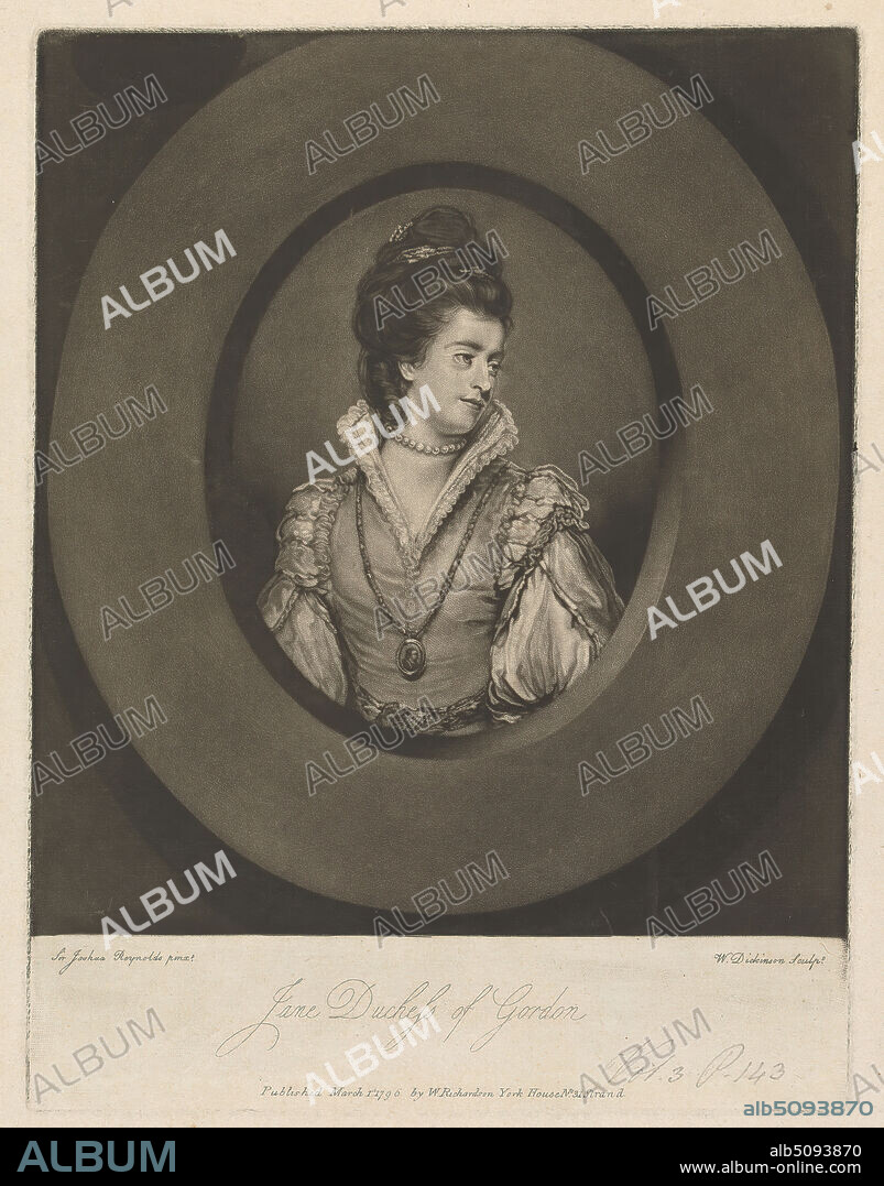 Jane Gordon (née Maxwell), Duchess of Gordon, William Dickinson, 17461823, British, after Sir Joshua Reynolds RA, 17231792, British, 1796, Mezzotint on moderately tihck, moderately textured, beige, laid paper, Sheet: 10 7/8 × 8 5/8 inches (27.6 × 21.9 cm), Plate: 10 1/4 × 7 3/4 inches (26 × 19.7 cm), and Image: 8 5/8 × 7 3/4 inches (21.9 × 19.7 cm).