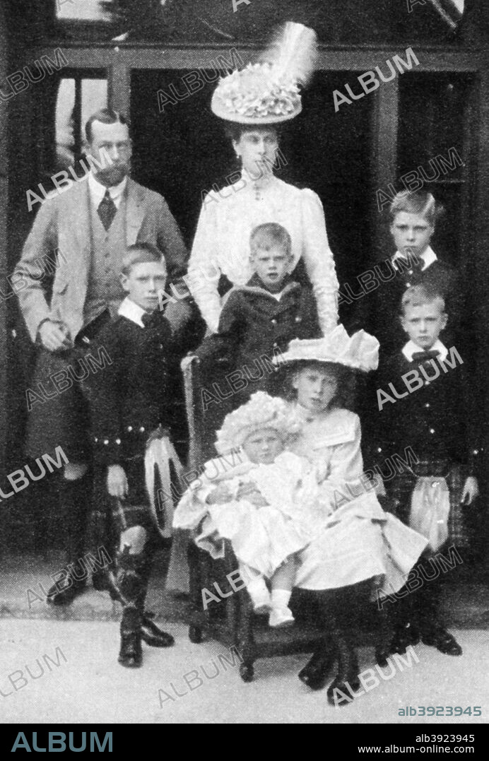 The Prince and Princess of Wales and their children, Abergeldie, Scotland, 1906. The future King George V and Queen Mary with their children, Princes Albert (left), Edward, Henry, George, John, and Princess Mary. A photograph from the Illustrated London News: Coronation Record Number, (London, 1937).