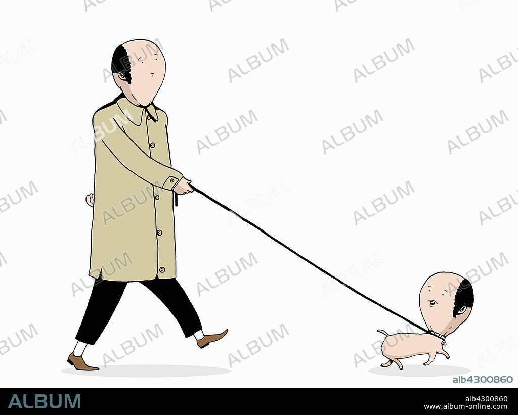 Man walking anthropomorphic doppelganger dog.