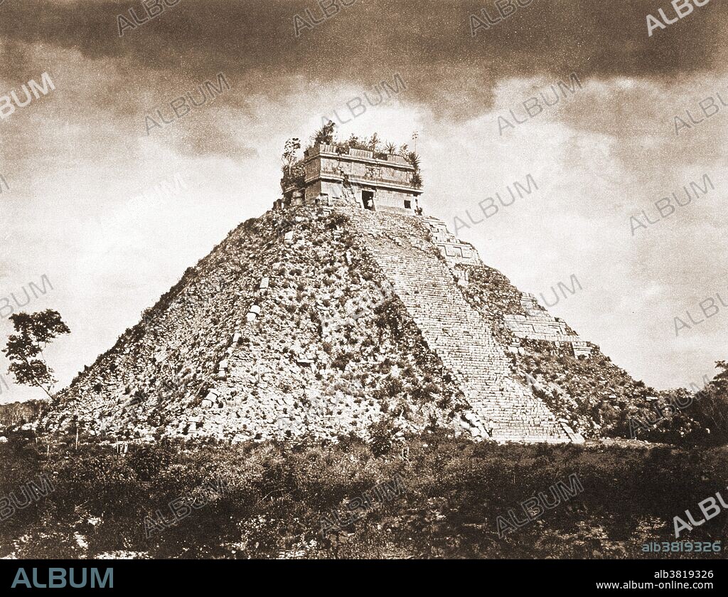 View of El Castillo, the temple of KukulcÃ¡n (Quetzalcoatl), the plumed serpent god, at Chichen Itza. Photogravure made from Henry Sweet's original photograph (d. 1933) taken in 1889. Chichen Itza was a large pre-Columbian city built by the Maya civilization. The archaeological site is located in the municipality of Tinum, in the Mexican state of Yucatan. The Maya their highest state of development during AD 250 to 900.
