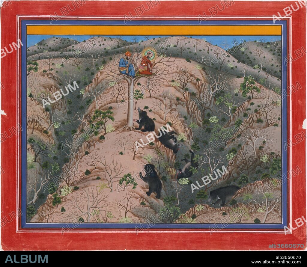 Maharaja Fateh Singh Hunting Female Bears. Artist: Attributed to Pannalai. Culture: Western India, Rajasthan, Udaipur. Dimensions: Image: 13 3/8 x 18 1/4 in. (34 x 46.4 cm); Page: 21 7/8 x 17 15/16 in. (55.6 x 45.6 cm). Date: dated 1917.
The painting traditions of the princely state of Mewar, in Rajasthan, remained vital even into the early part of the twentieth century. Hunting and palace scenes were still the most popular subject, but artists began to employ more shading and perspective, likely in response to the increasing presence of photography at court. Numerous hunting scenes were painted during the reign of Fateh Singh (1884-1930), often radically unconventional compositions marked by large tracts of harsh landscape. Here the ruler, concealed in a treetop, shoots his rifle downward from point-blank range after having likely lured in the unfortunate bear with scented bait. The bear is depicted five times, creating a compelling narrative of the event. Skeletal trees and deep ravines cast in shadow add a startlingly bleak atmosphere to this shocking image of a kill.