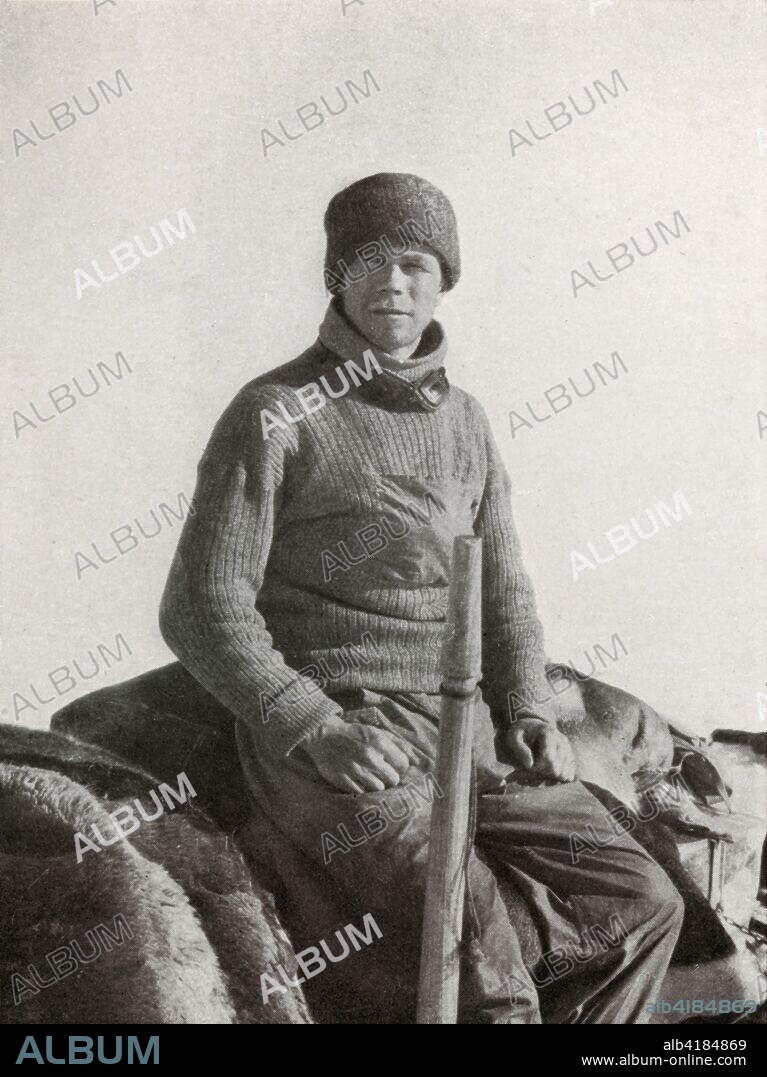 'Demetri Geroff', c1911, (1913). Dog driver Dmitrii Gerof (or Girev). The final expedition of British Antarctic explorer Captain Robert Falcon Scott (1868-1912) left London on 1 June 1910 bound for the South Pole. The Terra Nova Expedition, officially the British Antarctic Expedition (1910-1913), included a geologist, a zoologist, a surgeon, a photographer, an engineer, a ski expert, a meteorologist and a physicist among others. Scott wished to continue the scientific work that he had begun when leading the Discovery Expedition to the Antarctic in 1901-04. He also wanted to be the first to reach the geographic South Pole. Scott, accompanied by Dr Edward Wilson, Captain Lawrence Oates, Lieutenant Henry Bowers and Petty Officer Edgar Evans, reached the Pole on 17 January 1912, only to find that the Norwegian expedition under Amundsen had beaten them to their objective by a month. Delayed by blizzards, and running out of supplies, Scott and the remainder of his team died at the end of March. Their bodies and diaries were found eight months later. From Scott's Last Expedition, Volume II. [Smith, Elder & Co., London, 1913].