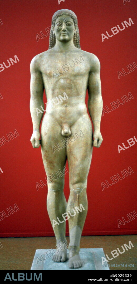 The Kroisos Kouros, in Parian marble, found in Anavyssos (Greece), dating from circa 530 BC, now exhibited at the National Archaeological Museum of Athens. A Kouros (Ancient Greek: ??????, plural kouroi) is the modern term[1] given to free-standing ancient Greek sculptures which first appear in the Archaic period in Greece and represent nude male youths.