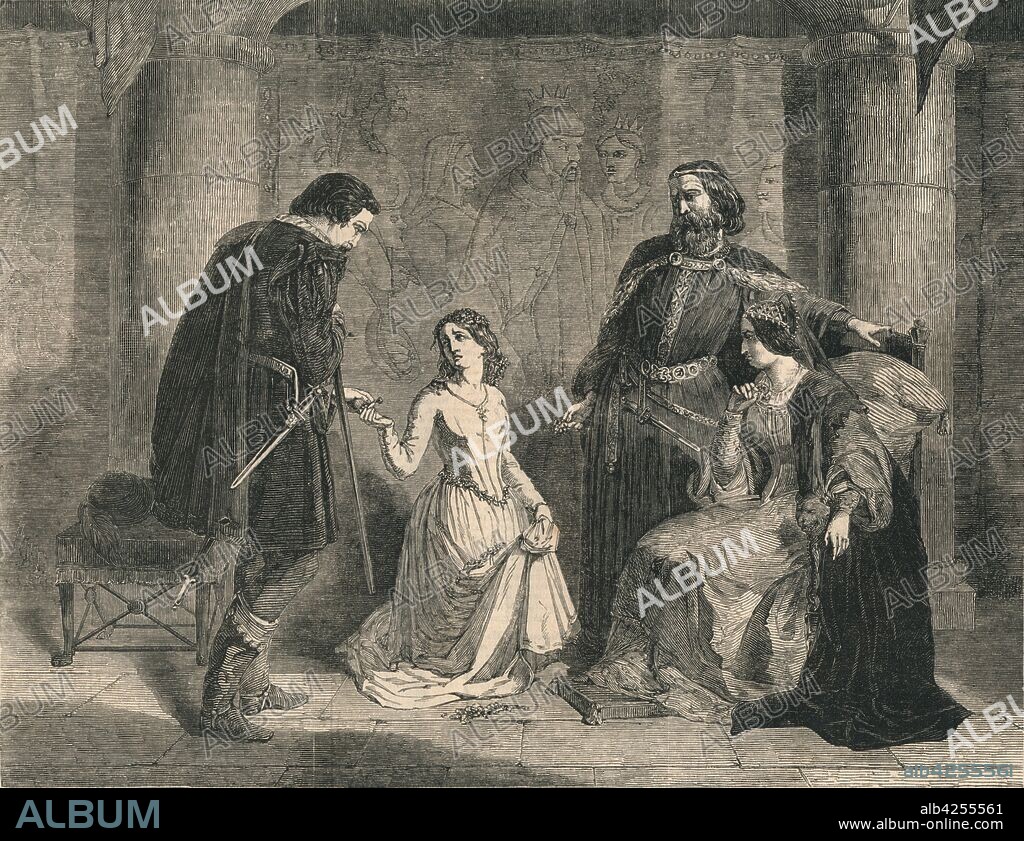 'Scene from "Hamlet" - King, Ophelia, and Laertes', 1852. Scene from "Hamlet" (act IV, scene V), by William Shakespeare. Ophelia, kneeling, hands a daisy to Leartes as the King and Queen look on. From "The Illustrated London News", 22 May 1852,.