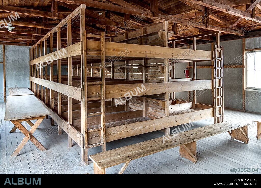 Dormitories and common room, reconstructed prisoner barracks, Dachau Concentration Camp, Dachau, Bavaria, Germany, Europe.