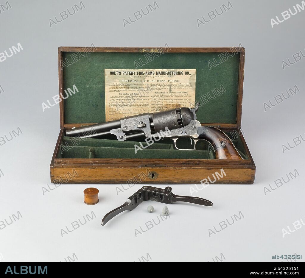Cased Colt Dragoon Model 1848 (1st issue) Revolver, 1848/68, English, England, Steel, brass, oak (case), lead (bullets), and ivory (cap box), Caliber .44.