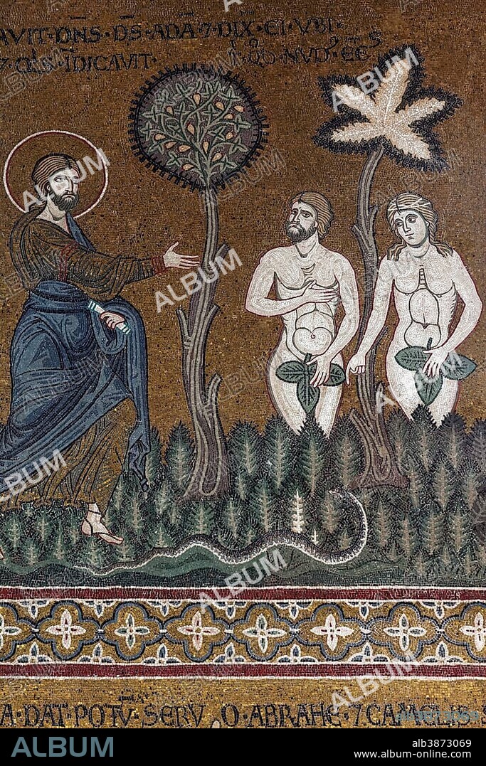 God speaking to Adam and Eve who are covered with a fig leaf, Byzantine gold ground mosaics, Cathedral of Santa Maria Nuova, Monreale Cathedral, Monreale, Province of Palermo, Sicily, Italy