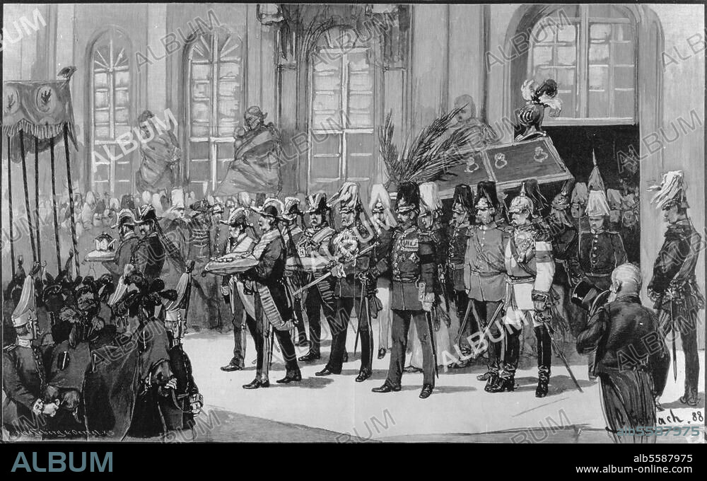 Frederick III, German Emperor, 1831-1888. Funeral on 18 June 1888: The funeral procession leaving the New Palace in Potsdam. Contemporary wood engraving after a drawing by O. Gerlach.