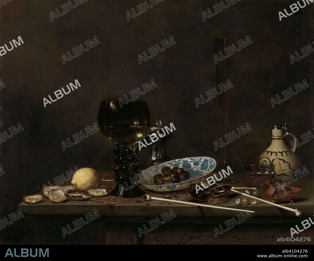 JAN JANSZ. VAN DE VELDE (III). Still Life with Roemer, Flute Glass, Earthenware Jug and Pipes. Dating: 1651. Measurements: h 70.5 cm × w 91 cm; d 7 cm.