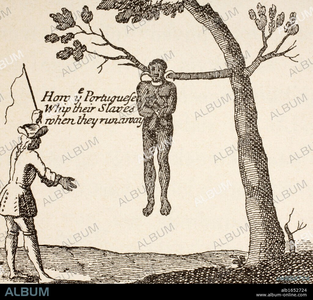 How the Portuguese whip their slaves when they run away. After a sketch in Relation d'un Voyage fait en 1695, 1696, & 1697 by Francois Froger, published Paris 1898. From Afrika, dets Opdagelse, Erobring og Kolonisation, published in Copenhagen, 1901.