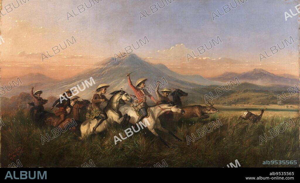 RADEN SALEH. Six Horsemen Chasing Deer. Date: 1860. Oil on canvas mounted on fiberboard.