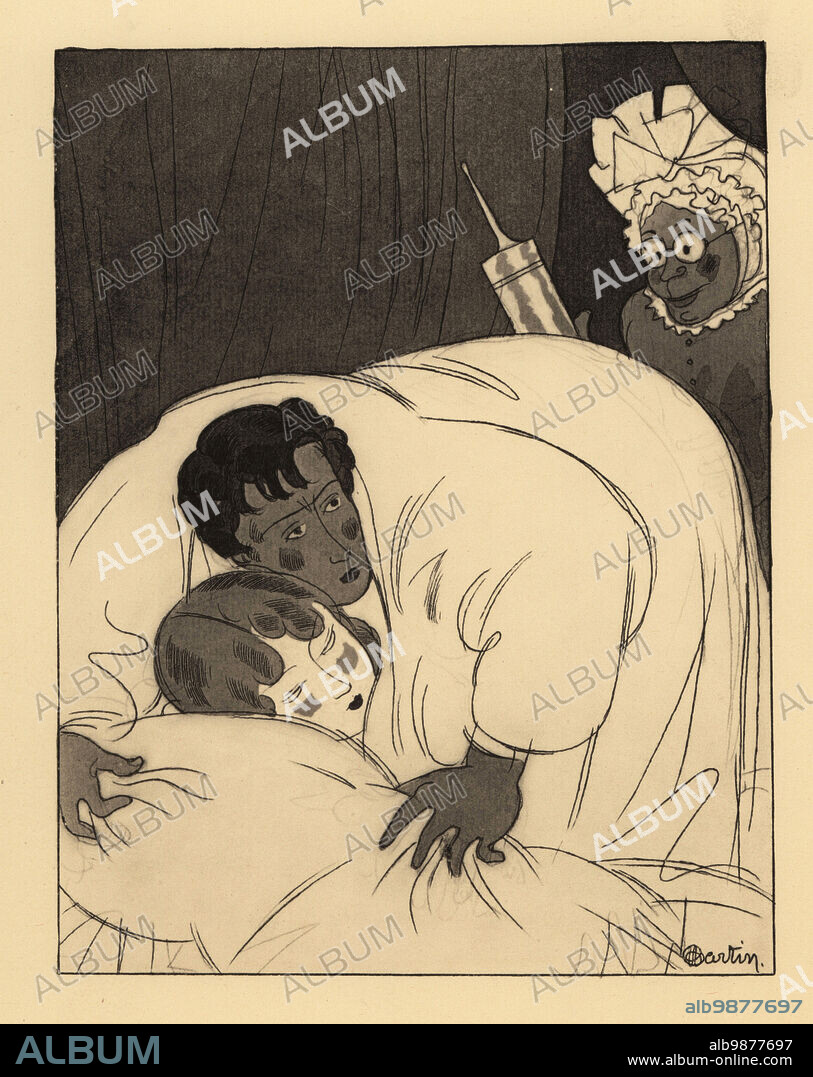 Nurse administering a large enema syringe to a man in bed with his lover. The secret lover taking an enema instead of the girl. The clyster. Le remede. Lithograph after an illustration by Charles Martin from Jean de la Fontaines Contes et Nouvelles en Vers, Tales and Novellas in Verse, Libraire de France, Paris, 1930.