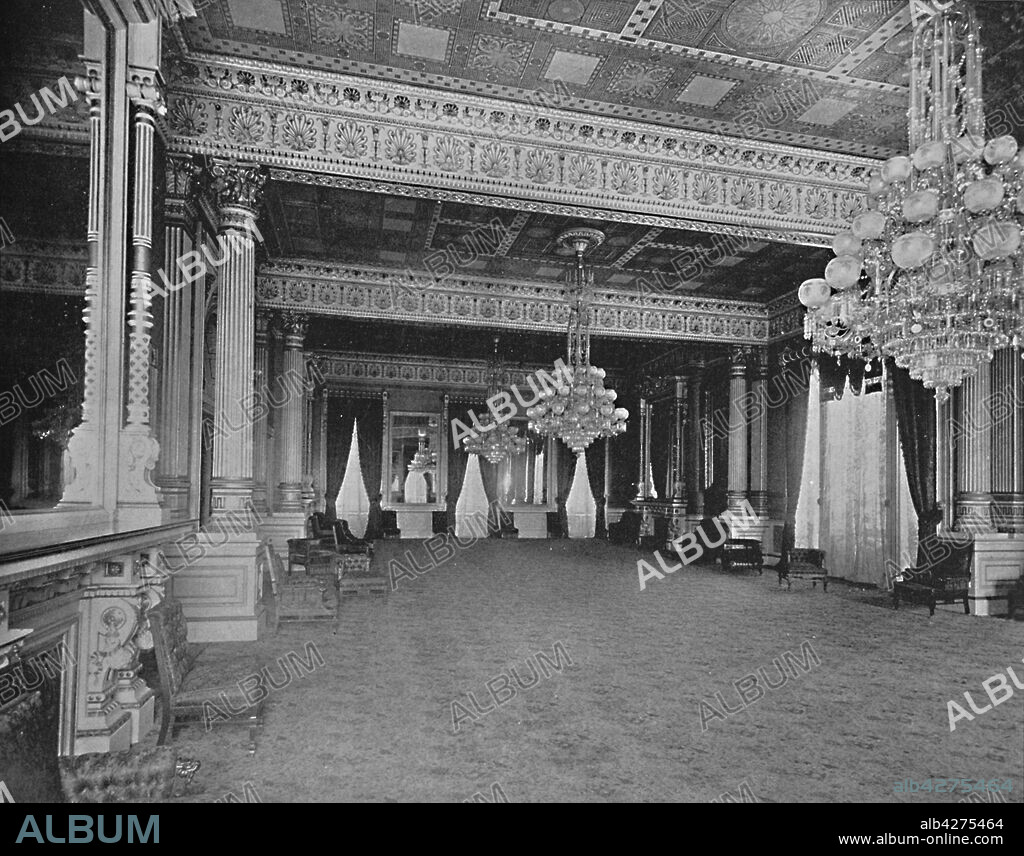 'East Room of the White House, Washington, D.C.', c1897. Beaux Arts paneling in the East Room, an event and reception room in the White Hous, official residence of the President of the United States, designed by Irish-born architect James Hoban. From "A Tour Through the New World America", by Prof. Geo. R. Cromwell. [C. N. Greig & Co., London, c1897].