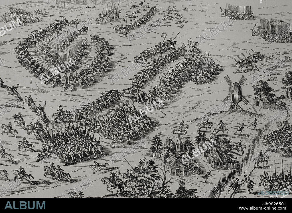 Batalla de Dreux (19 de diciembre de 1562). Los Católicos, liderados por el Condestable Anne de Montmorency, el Duque Francisco de Guisa y el Mariscal Jacques d'Albon de Saint-André, derrotaron a los Hugonotes comandados por el Príncipe Luis I de Borbón-Condé y el Almirante Gaspar de Coligny. Fue el primer combate durante las Guerras de religión de Francia. En primer plano el Mariscal Jacques d'Albon de Saint-André, del bando católico, muere a consecuencia de un disparo. Grabado. "Vie Militaire et Religiuse au Moyen Age et à l'Epoque de la Renaissance". París, 1877.