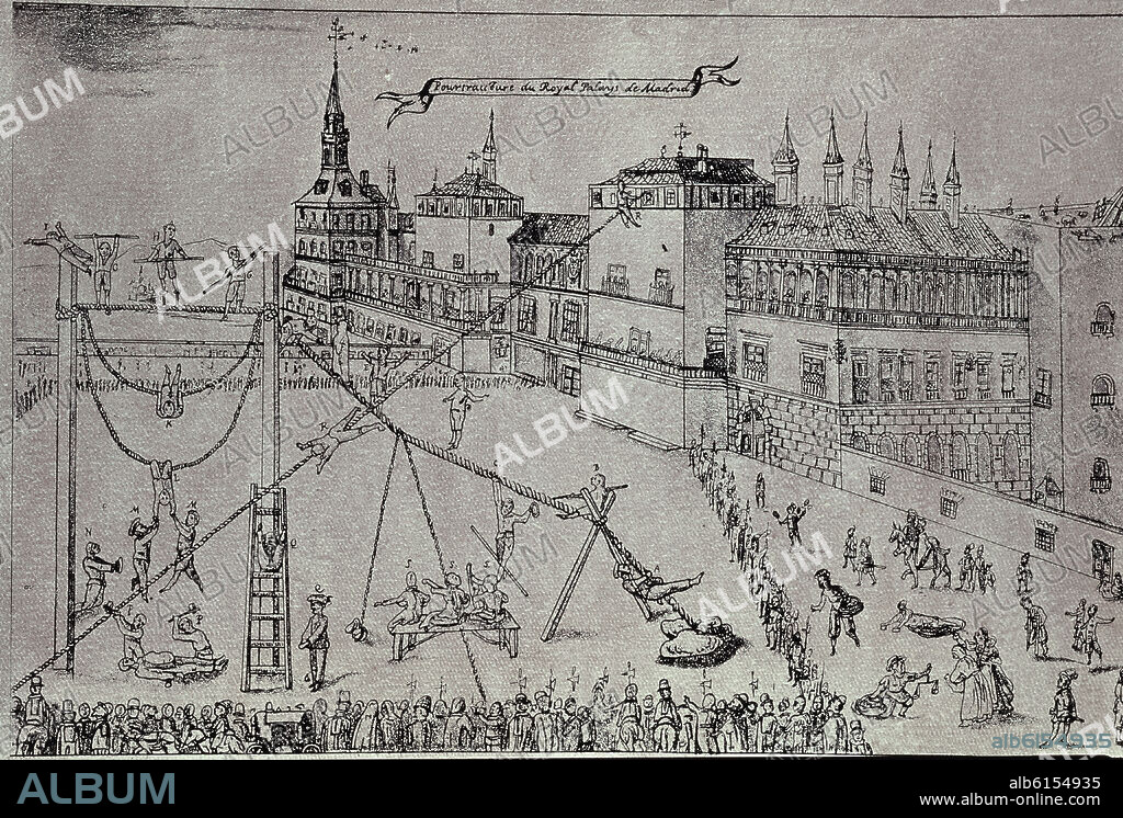 ANONIMO. LOS HERMANOS BURATINES OFRECEN UN ESPECTACULO DE FUNAMBULISMO FRENTA AL ALCAZAR DE MADRID EN EL SIGLO XVI.