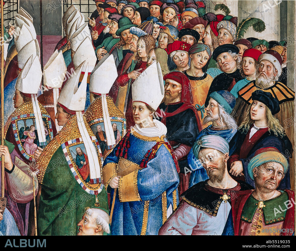 The Piccolomini Library, south west wall: Aeneas Sylvius, elected pope with the name of Pius II, enters St. Peters, September 3, 1458, the seventh one of the ten stories about Aeneas Sylvius Piccolomini, future Pope Pius II, (1503 - 1508), fresco by Bernardino di Betto, known as Pinturicchio. Detail with the processing of the cardinals through the crowd of secular onlookers.