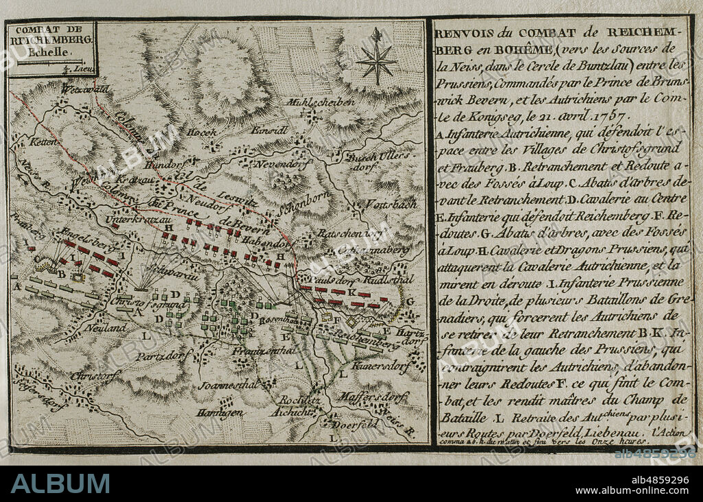 JEAN DE BEAURAIN (1696-1771). FRENCH GEOGRAPHER.. Seven Years War (1756-1763). Map of the Battle of Reichenberg (April 21, 1757). The Prussian army, under the command of August Wilhelm, Duke of Brunswick-Bevern (1715-1781), defeated the Austrian army led by Christian Moritz Graf Königsegg und Rothenfels (1705-1778). Published in 1765 by the cartographer Jean de Beaurain (1696-1771) as an illustration of his Great Map of Germany, with the events that took place during the Seven Years War. Etching and engraving. French edition, 1765. Military Historical Library of Barcelona (Biblioteca Histórico Militar de Barcelona). Catalonia. Spain.