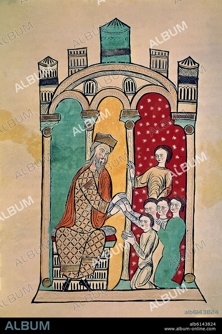 ALFONSO II ARAGON RECIBE EL HOMENAJE DE LOS NOBLES DE PERPIÑAN (ROSELLON) - FEUDALISMO - LIBER FEUDORUM MAIOR - SIGLO XII - MINIATURA ROMANICA.