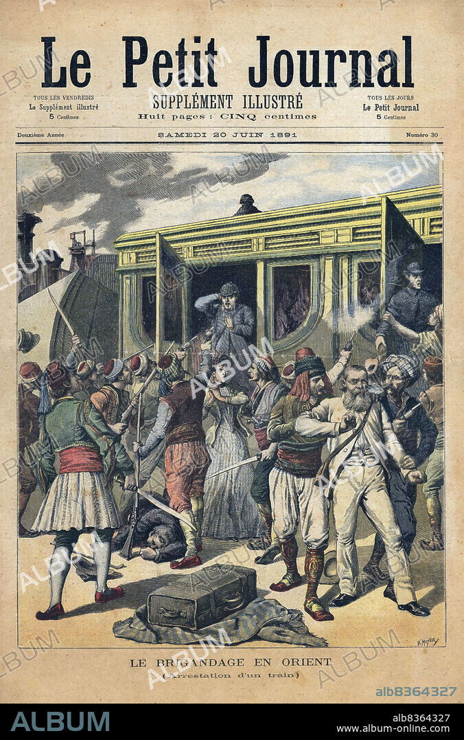 Portada del periódico ilustrado Le Petit Journal, editado en París, junio de 1891. Detención de un tren del Orient Expres por una banda de atracadores en Bulgaria.
