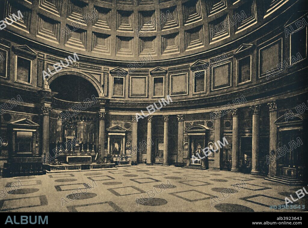 'Roma - Interior of the Pantheon, now church of S. Maria ad Martyres', 1910. The Pantheon is a former Roman temple, now a church, in Rome, Italy, on the site of an earlier temple commissioned by Marcus Agrippa during the reign of Augustus (27 BC - 14 AD) From Cento Vedute Classiche di Roma. [Enrico Verdesi, Rome, 1910].
